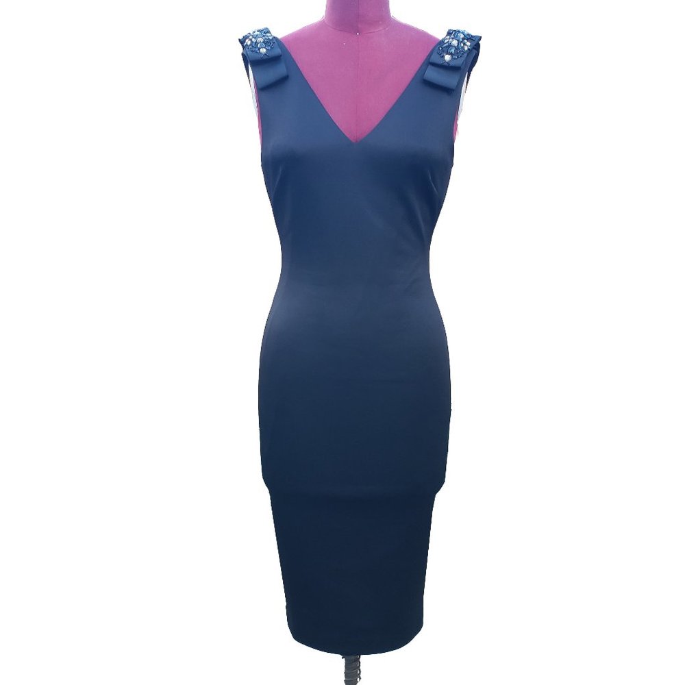 Ted Baker Belliah Dress Black Scuba Bodycon Sleeveless Bows V Neck Knee Length 4